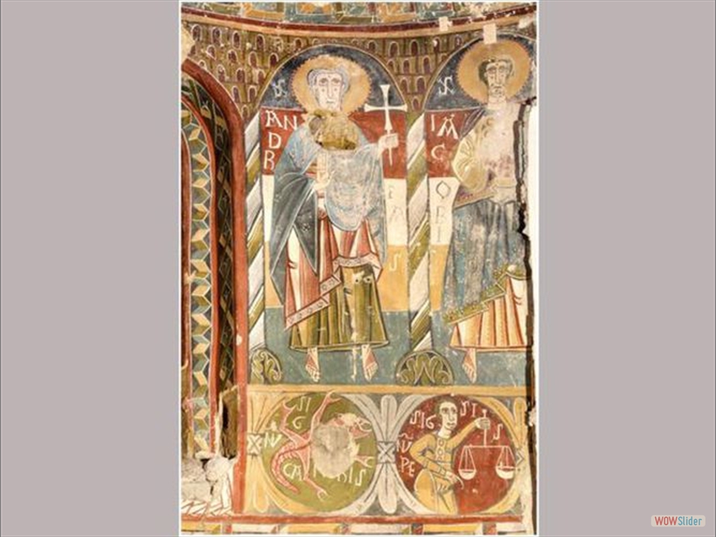 Los apóstoles San Andrés, a la izquierda, y Santiago, a la derecha, en las pinturas románicas que han aparecido en el ábside de la iglesia de Ourjout de Les Bordes-sur-Lez, al sur de Francia. A sus pies, descalzos, se pueden ver dos de los signos del zodiaco representados por una de las figuras de animal propio del bestiario medieval. Un escorpión y el signum pecis del signo de libra.