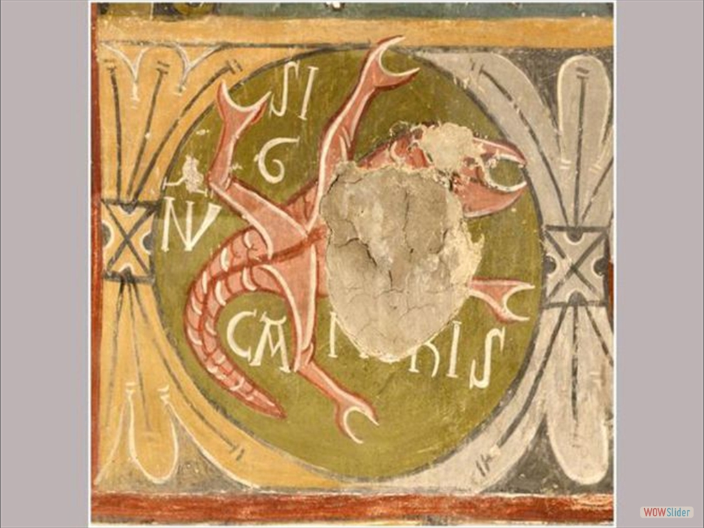 El escorpión de este zodiaco románico está representado por el animal homónimo en las pinturas del siglo XII que han aparecido tras retirar el retablo que las ocultaban durante cuatro siglos en la iglesia de Ourjout de Les Bordes-sur-Lez, al sur de Francia. Las telas arrugadas de los lados tienen muchos paralelos con las que aparecen representadas en Santa Maria de Taüll.